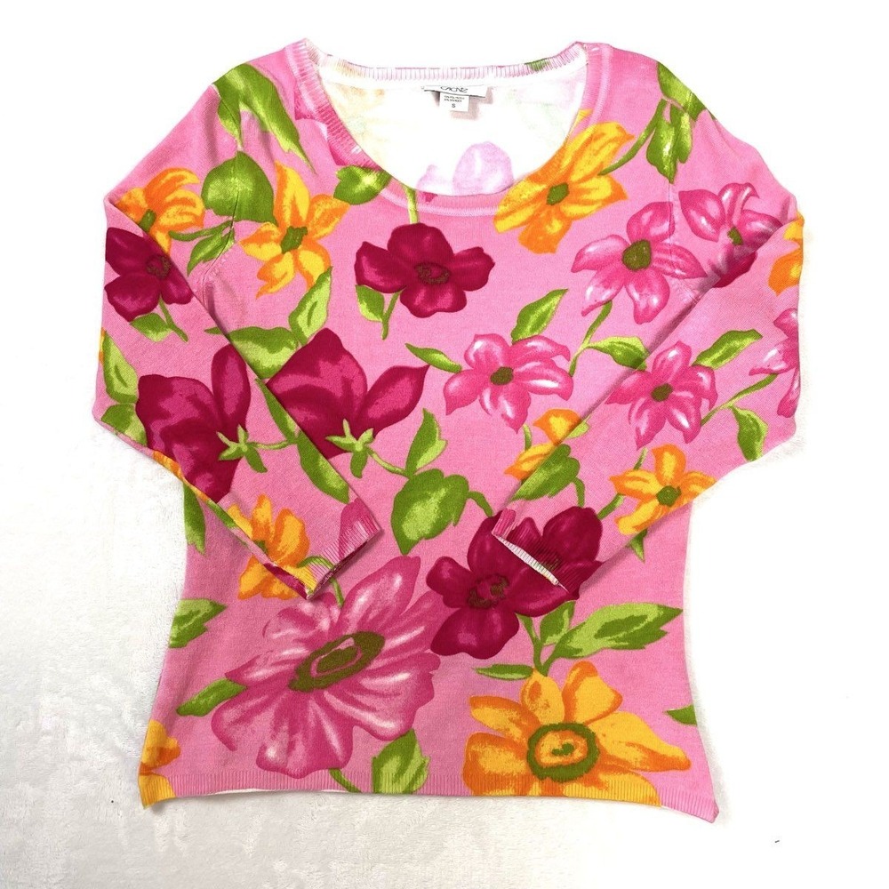 Vintage Y2K Cache Women's Pink Floral Long Sleeve Knit Scoop Neck Sweater Sz S